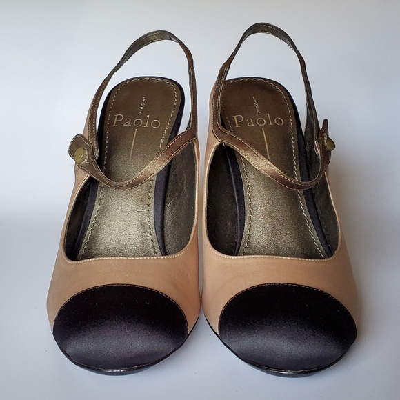 7.5M Linea Paolo Cap Toe Black Beige Olive Green Sling Back Satin Heels Unused - Picture 6 of 10